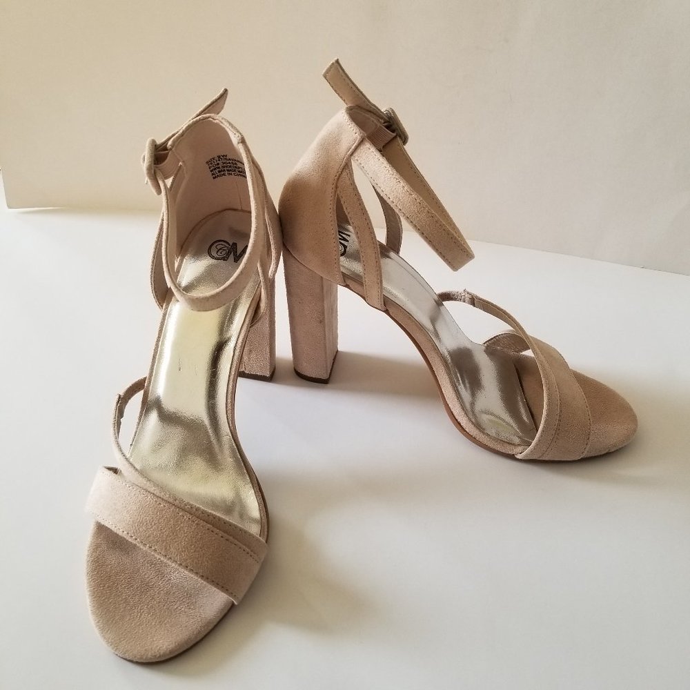 CM Beige Suede Strappy Block Heel Sandal  (size 9W)